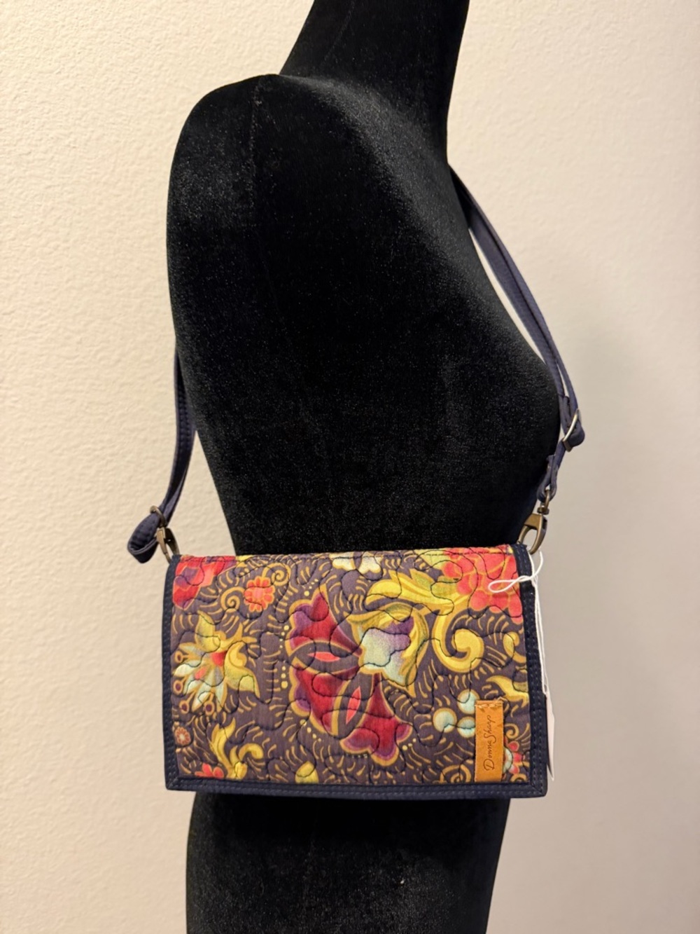 Quilted Floral Crossbody Wallet - Navy with Multicolor Floral Design